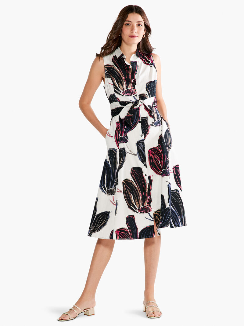 Woman Wears Stamped Flowers Shirt Dress image number 3