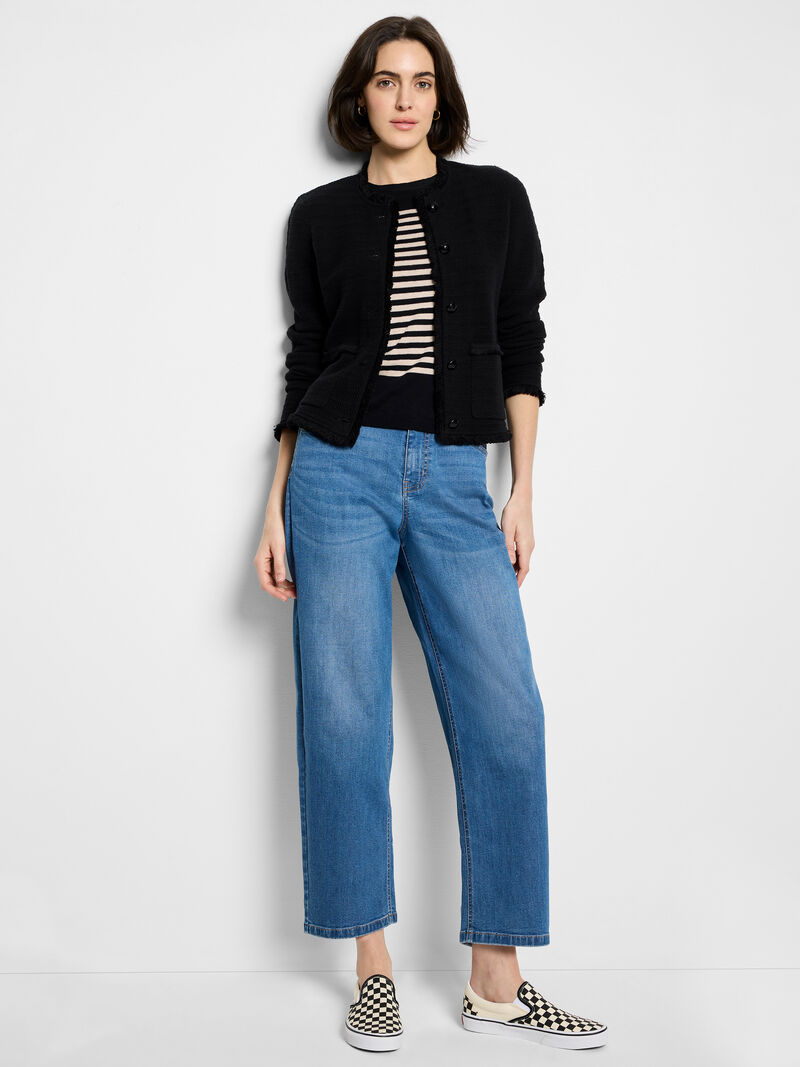 Woman Wears Fringe Mix Femme Knit Jacket image number 3