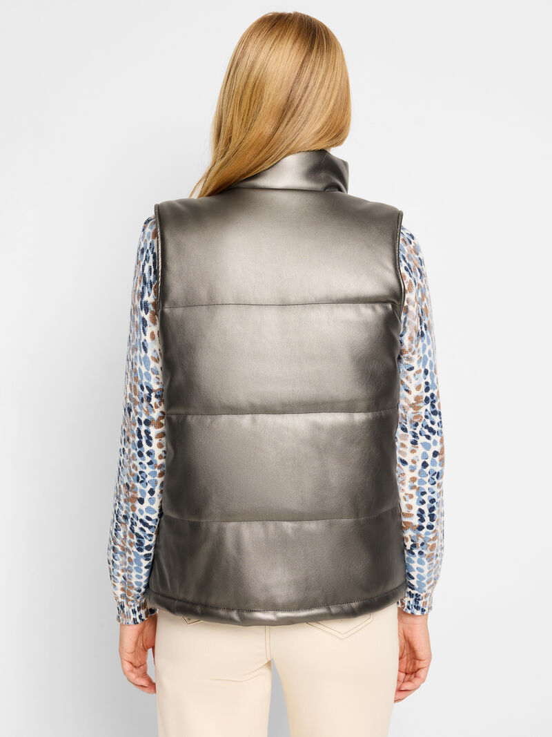 Woman Wears Metallic Faux Leather Puffer Vest image number 3