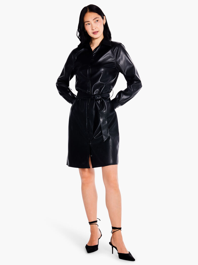 Woman Wears Faux Leather Trench Dress image number 3