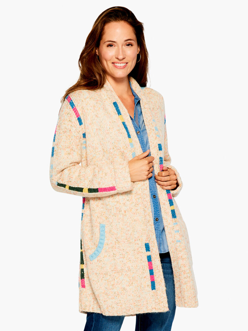 Woman Wears Colorful Cozy Cardigan image number 0