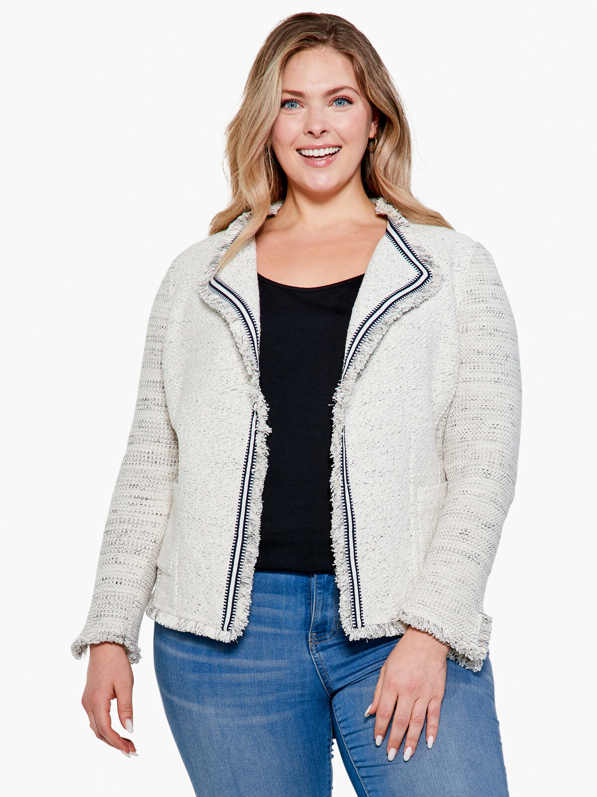 Ribbon Trim Fringe Knit Jacket