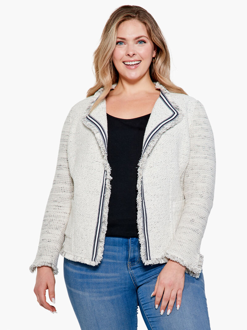 Woman Wears Ribbon Trim Fringe Knit Jacket image number 0