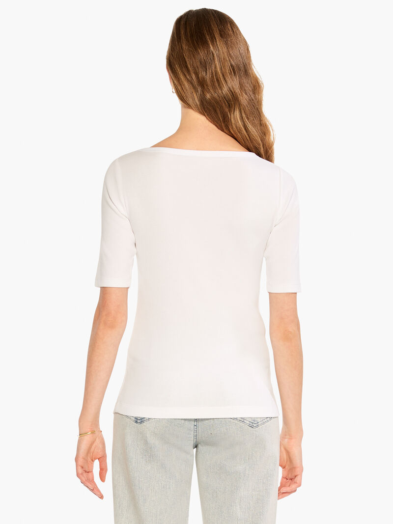 Woman Wears Perfect Knit Rib Elbow Sleeve Boatneck Tee image number 2