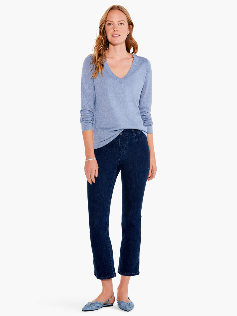 Woman Wears V Neck Long Sleeve Shimmer Sweater Tee image number 3