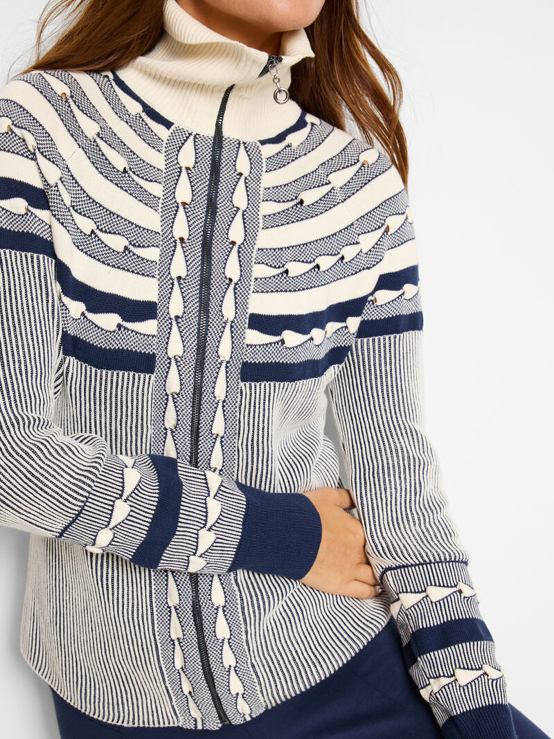 Woman Wears Placed Fairisle Zip Front Cardigan image number 4
