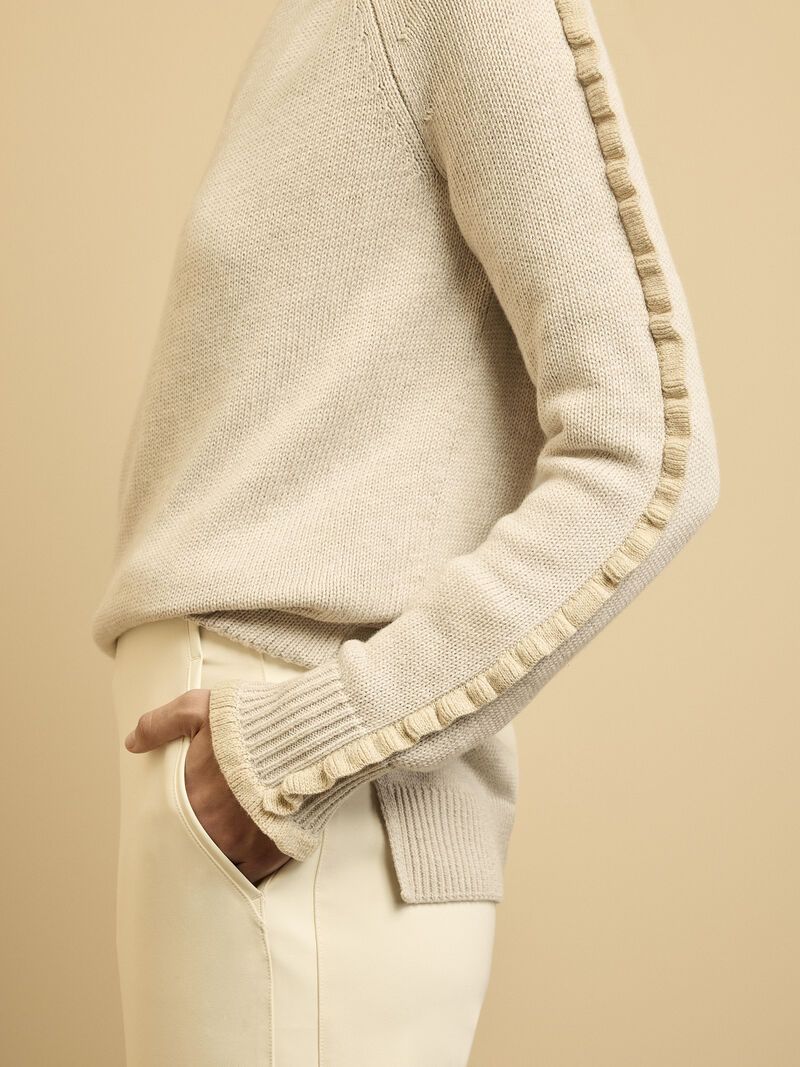 Woman Wears Ruffled Down Sweater image number 6