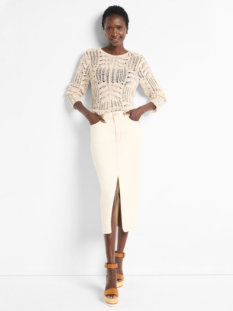 Woman Wears Denim Dot Sweater image number 1