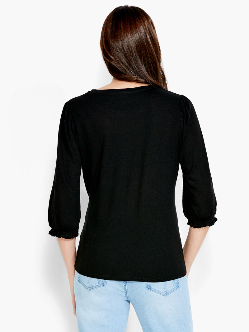 Woman Wears NZT Crew Neck 3/4 Pleated Sleeve Tee image number 2