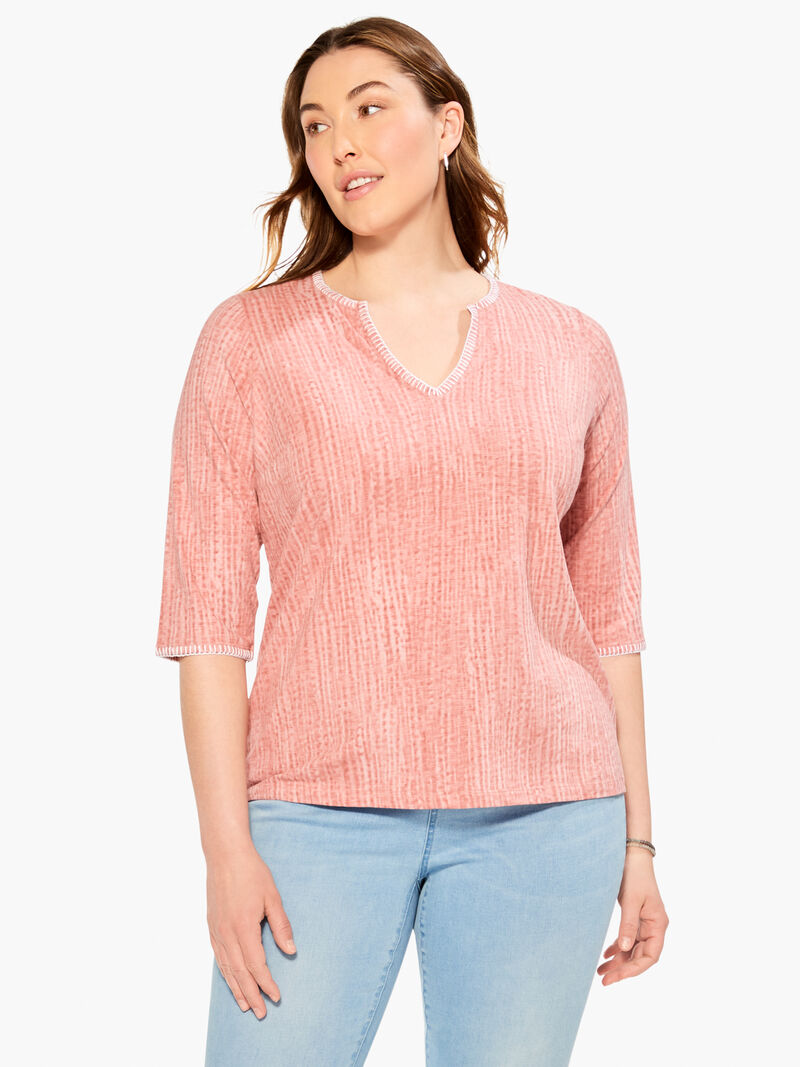 Woman Wears NZT 3/4 Sleeve Split Collar Stitch Top image number 0