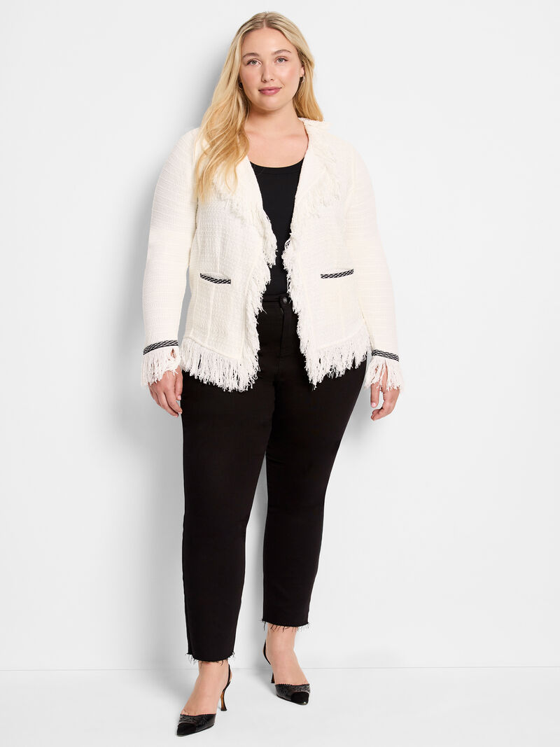 Woman Wears Statement Fringe Mix Knit Jacket image number 1