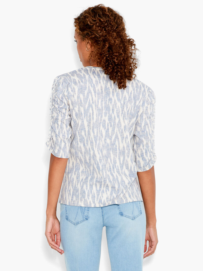 Woman Wears NZT Ikat Ruched Elbow Sleeve Split Neck image number 2