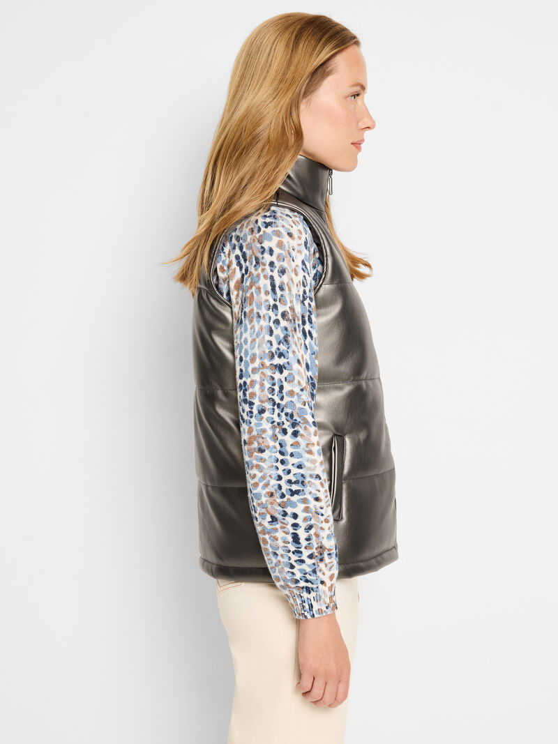 Woman Wears Metallic Faux Leather Puffer Vest image number 2