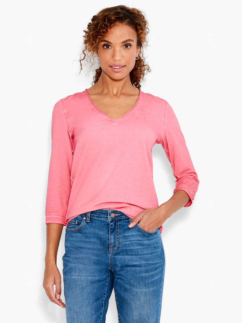 Woman Wears NZT 3/4 Sleeve Roll V Tee image number 0