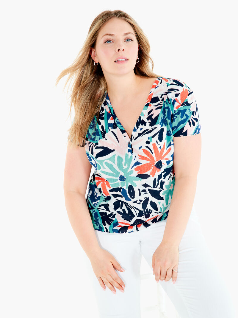 Woman Wears Tropical Patchwork Top image number 4