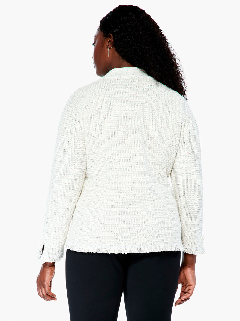 Woman Wears Collared Fringe Mix Knit Jacket image number 2