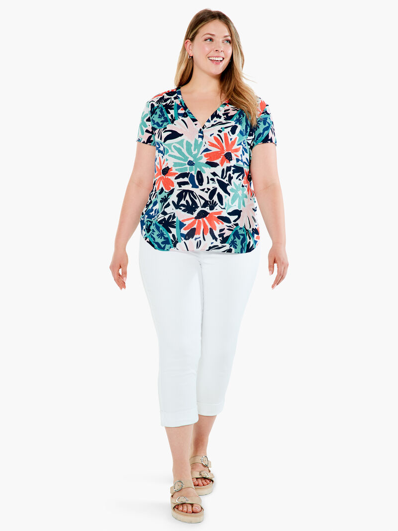 Woman Wears Tropical Patchwork Top image number 3