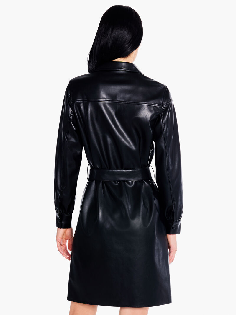 Woman Wears Faux Leather Trench Dress image number 2