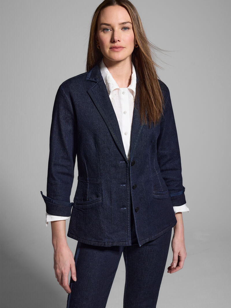 Woman Wears Ribbon Trim Denim Blazer image number 2