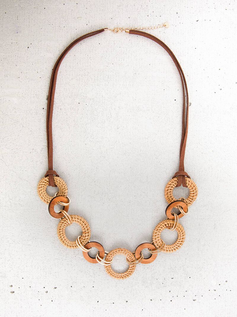 Woman Wears Marlyn Schiff Wooden Rafia Ring Necklace image number 0
