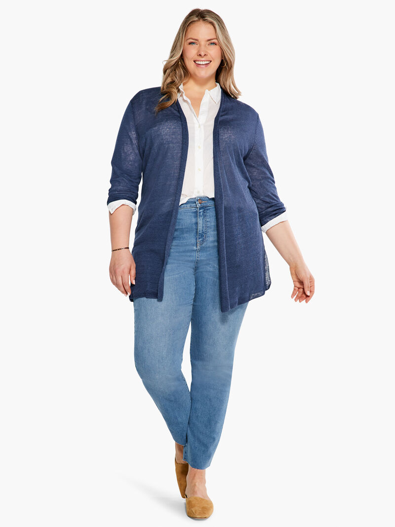 Woman Wears Long Back Of The Chair Cardigan image number 3