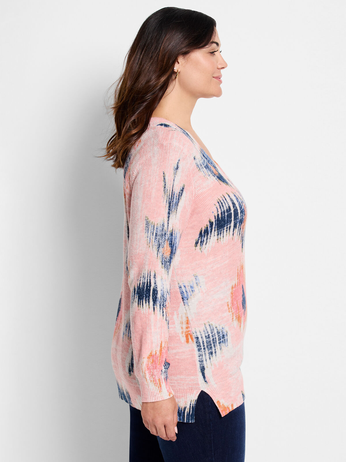 Abstract Floral Waffle Stitch V-Neck Sweater