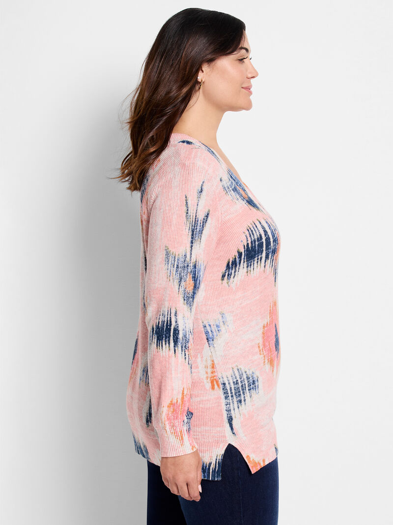 Woman Wears Abstract Floral Waffle Stitch V-Neck Sweater image number 2