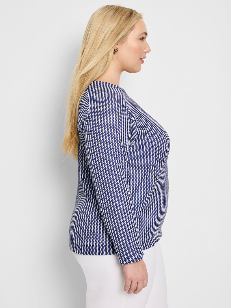 Woman Wears Zig Zag Blues Knit Top image number 2