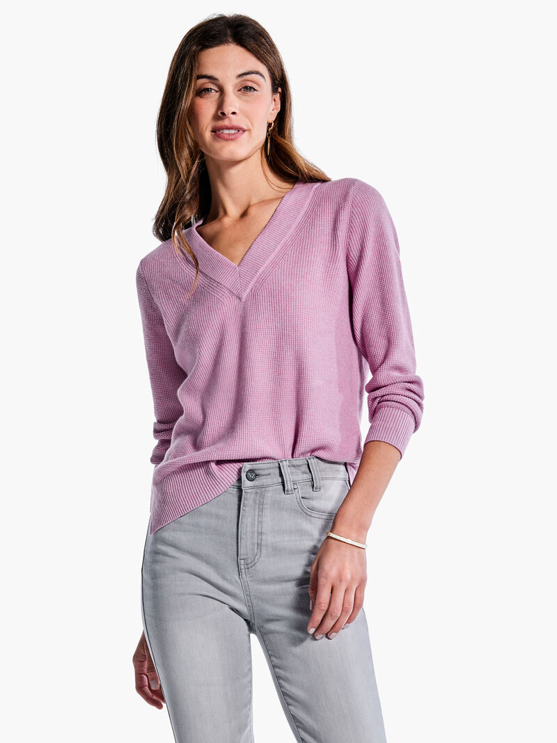 Woman Wears Waffle Stitch V-Neck Sweater image number 0