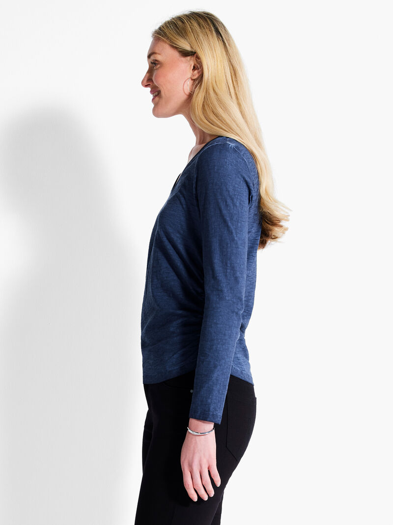 Woman Wears NZT Long Sleeve V-Neck Ruched Tee image number 1