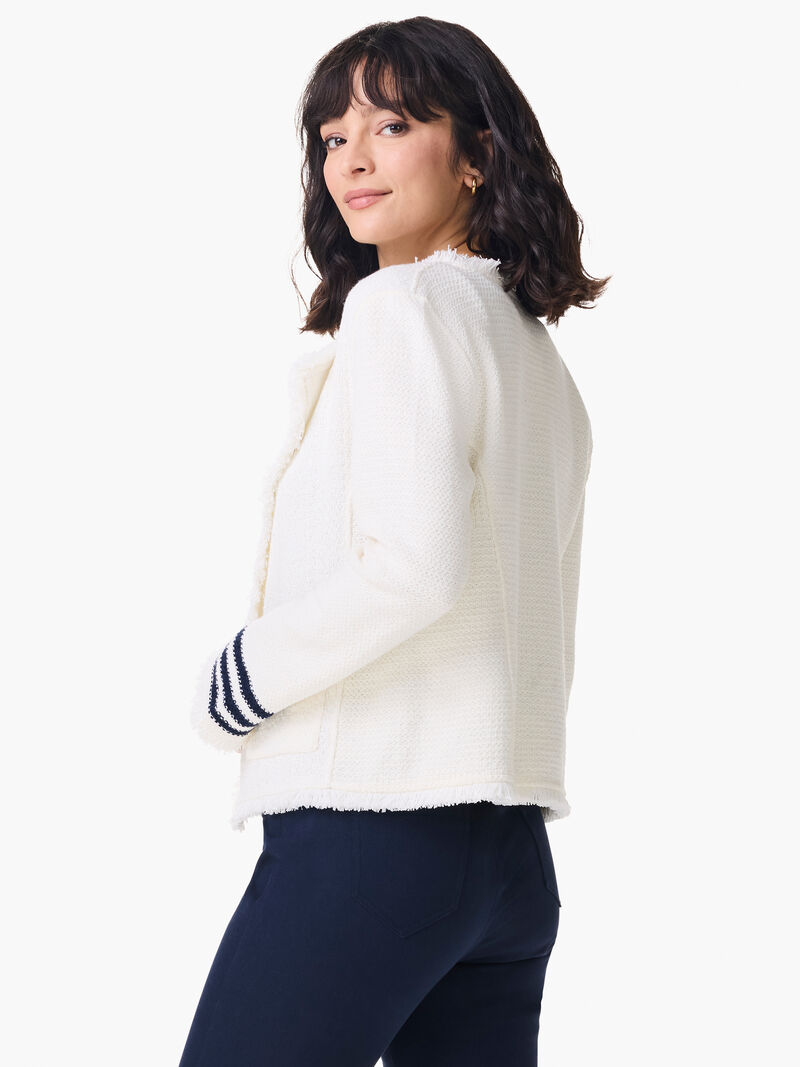 Woman Wears Subtle Stripe Fringe Mix Knit Jacket image number 4