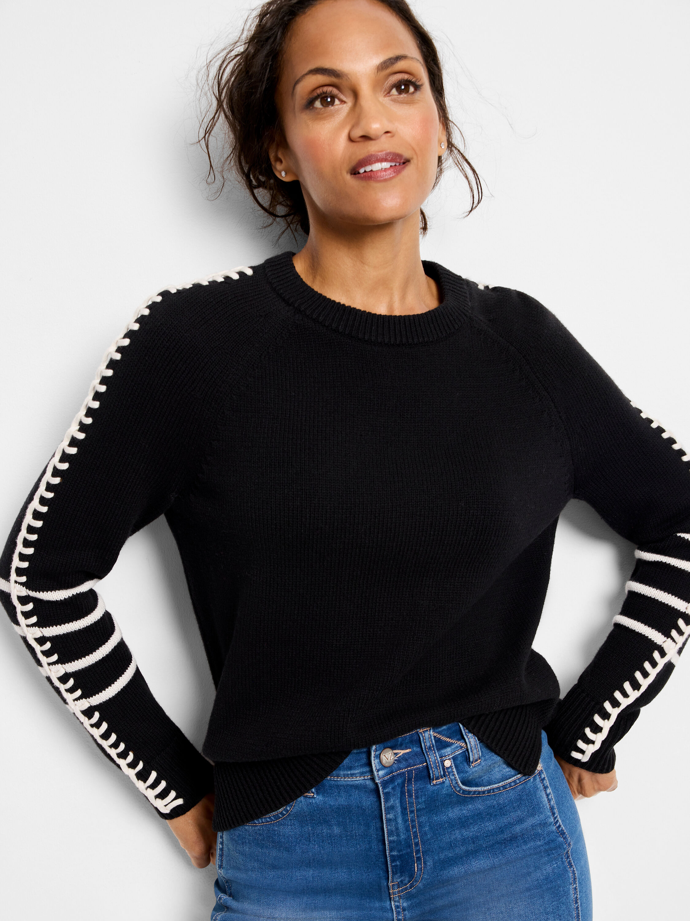 (取寄) ニックゾー レディース メッシュ ステッチ セーター NIC+ZOE women Mesh Stitch Sweater Black Onyx Dashing Down Sweater | NIC+ZOE