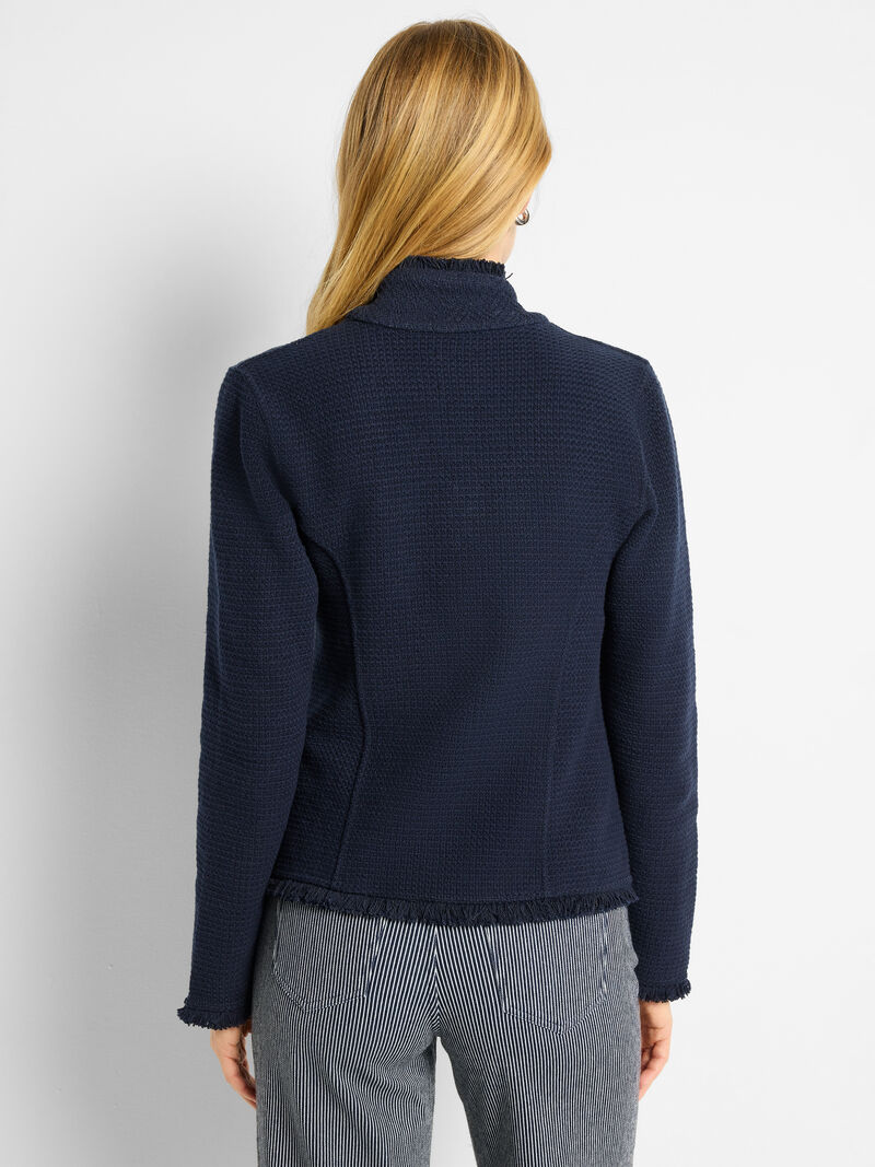Woman Wears Notch Collar Fringe Mix Knit Jacket image number 3