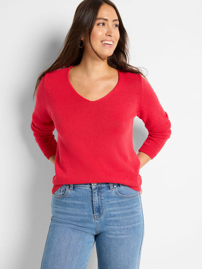 Woman Wears Cotton Cord Soft V-Neck Sweater image number 0