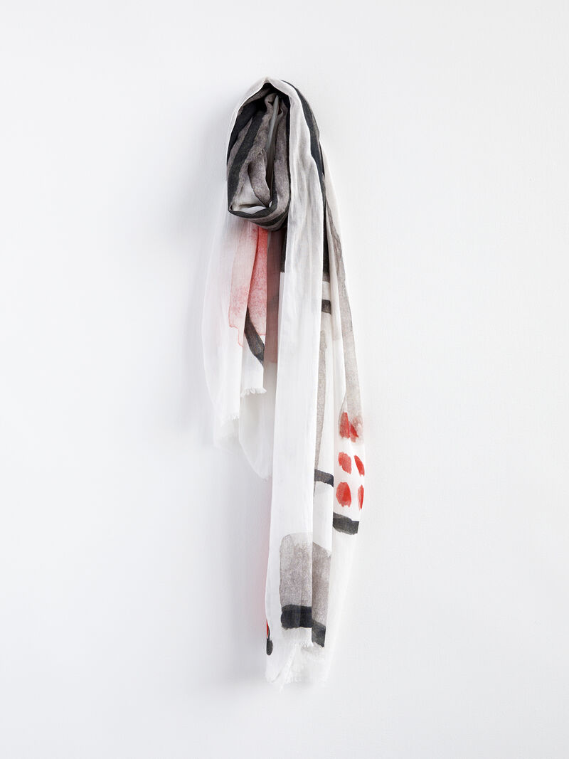 Woman Wears DEBBIE MARTIN MONOCHROME ABSTRACT SCARF image number 1