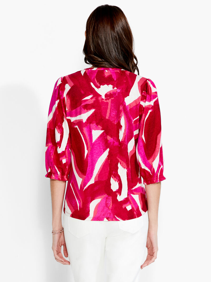 Woman Wears NZT Blooms 3/4 Sleeve Split Neck Tee image number 2
