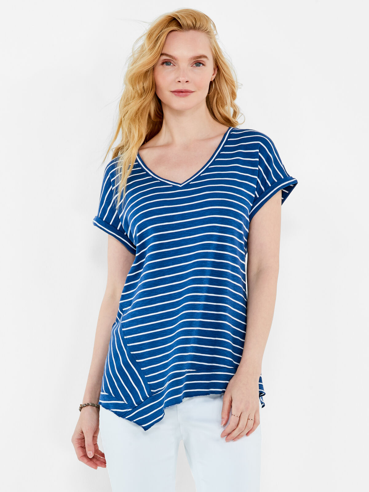 NZT Striped Short Sleeve V Neck Asymmetrical Tee