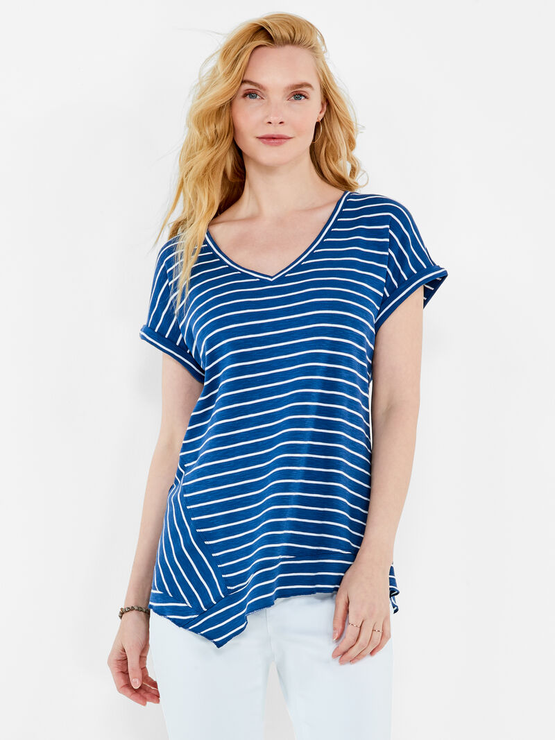 Woman Wears NZT Striped Short Sleeve V Neck Asymmetrical Tee image number 0