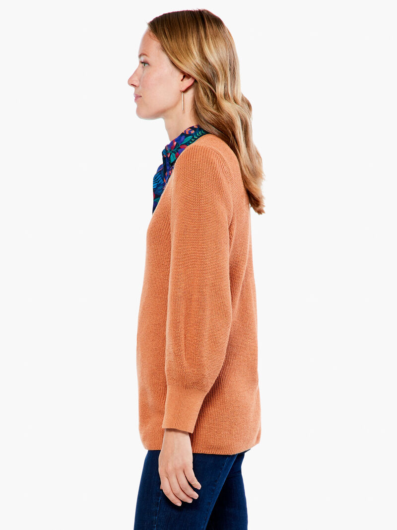 Woman Wears Shaker Knit V Neck Sweater image number 1
