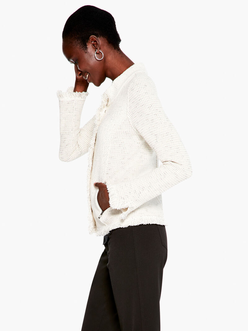 Woman Wears Collared Fringe Mix Knit Jacket image number 1