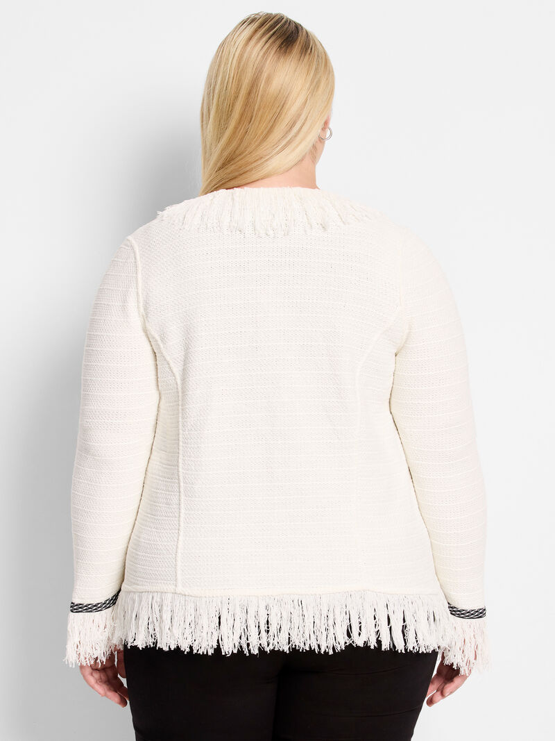 Woman Wears Statement Fringe Mix Knit Jacket image number 3