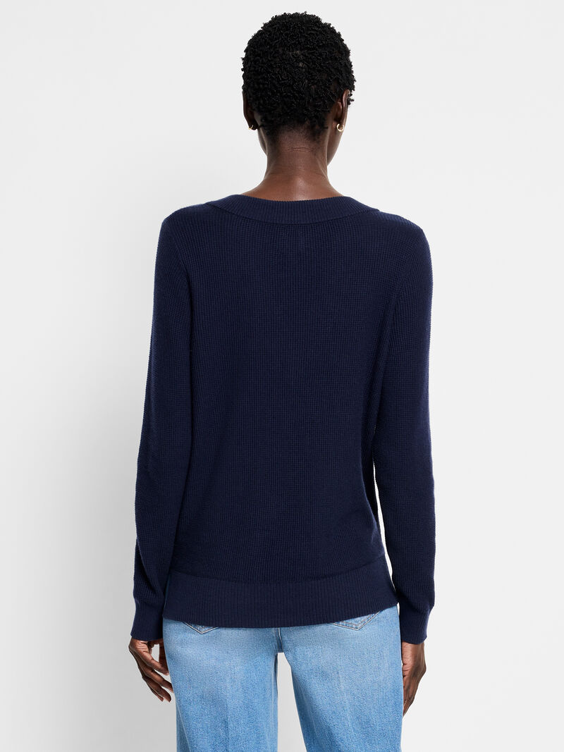 Woman Wears Waffle Stitch V-Neck Sweater image number 3