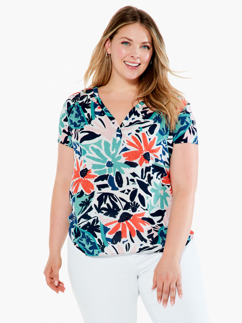 Woman Wears Tropical Patchwork Top image number 0