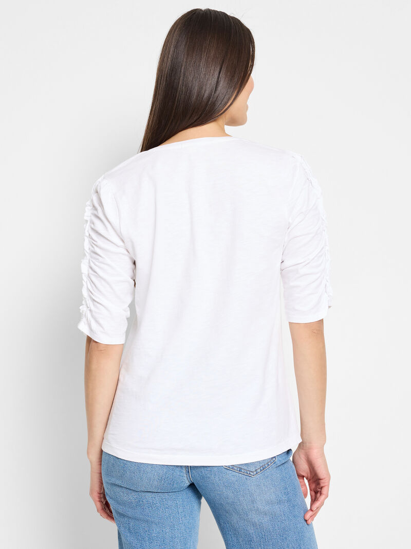 Woman Wears NZT Ruched Elbow Sleeve Split Neck Tee image number 2