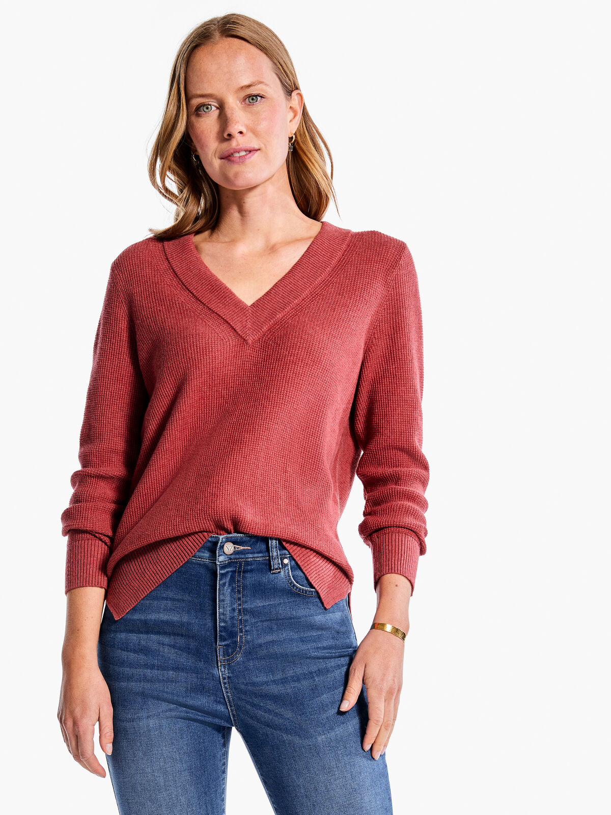Waffle Stitch V-Neck Sweater
