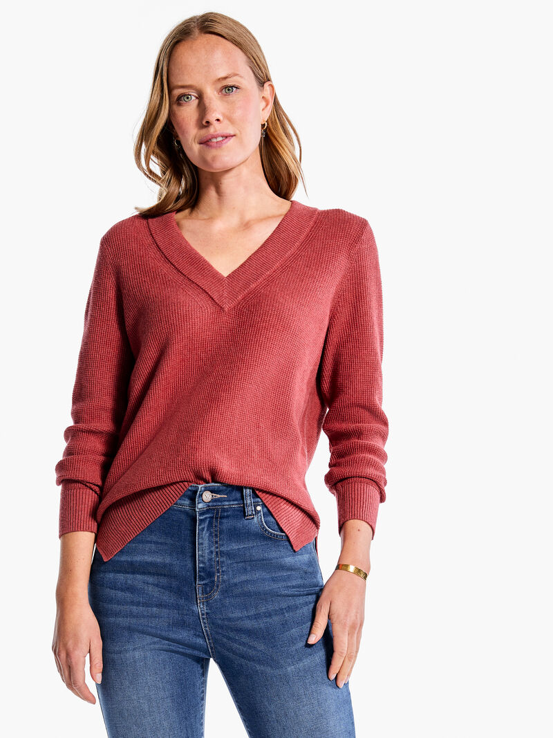Woman Wears Waffle Stitch V-Neck Sweater image number 0