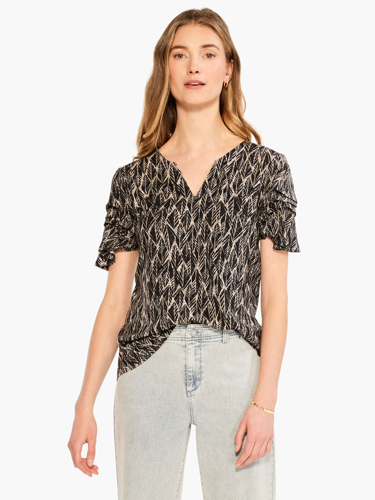 NZT Sketched Leaves Flutter Sleeve Split Neck Tee