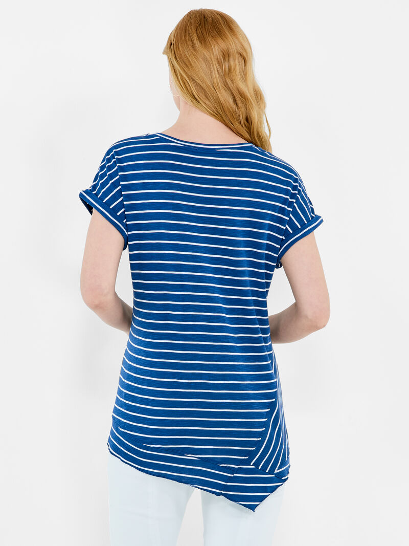 Woman Wears NZT Striped Short Sleeve V Neck Asymmetrical Tee image number 2