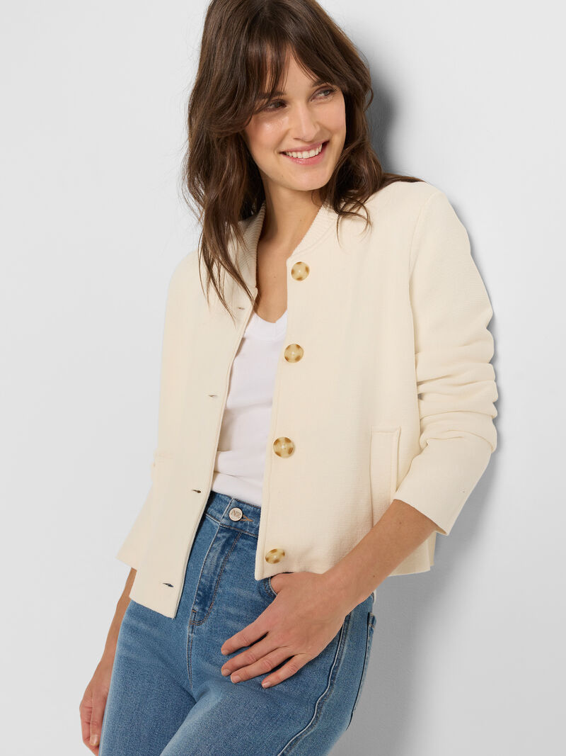 Woman Wears Knit Bomber Jacket image number 0