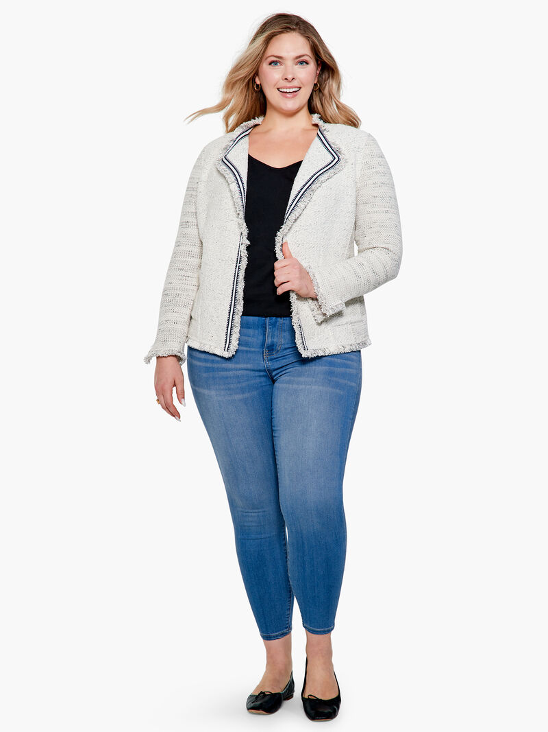 Woman Wears Ribbon Trim Fringe Knit Jacket image number 3